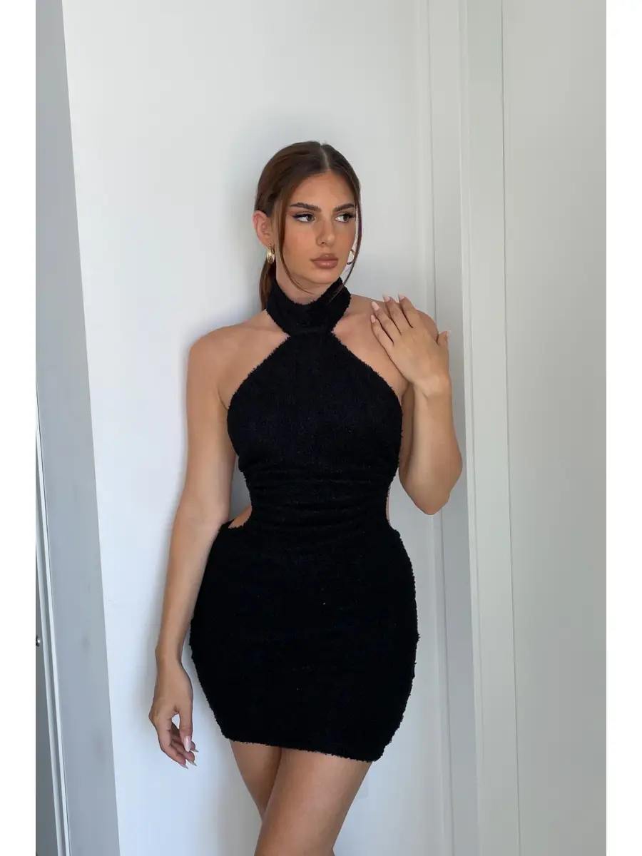 Black fluffy halter neck mini dress All There Boutique Black fluffy halter neck mini dress All There Boutique