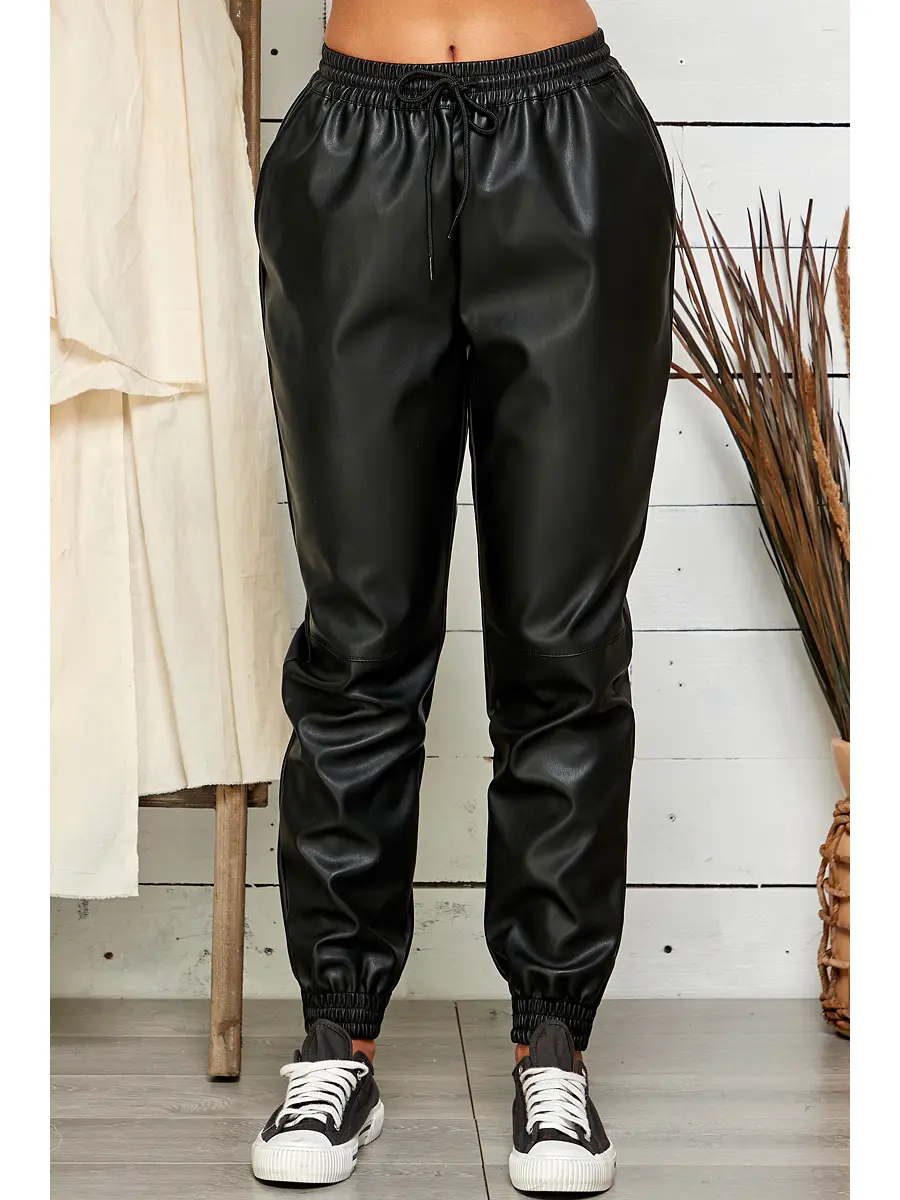 Faux Leather Joggers - Black - Ladies