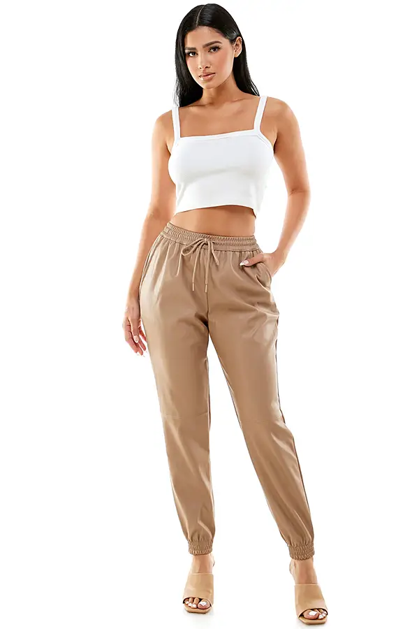 Leather joggers beige hotsell