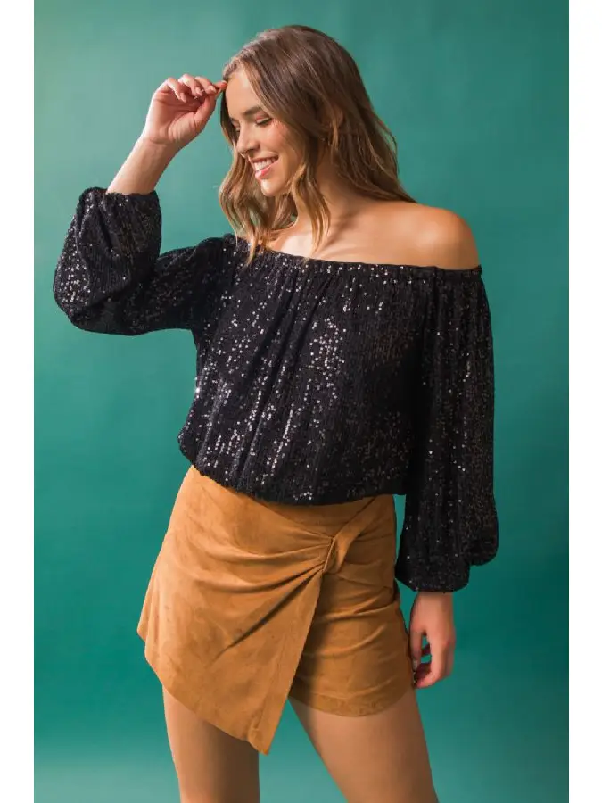 Black off the shoulder sequin top online