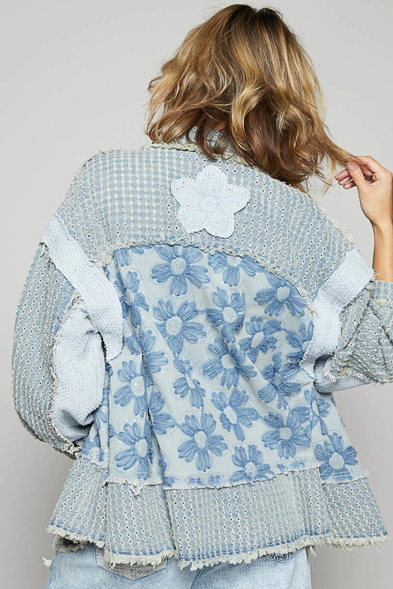 POL Blue Glitter Flower Denim Shacket