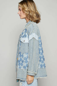 POL Blue Glitter Flower Denim Shacket