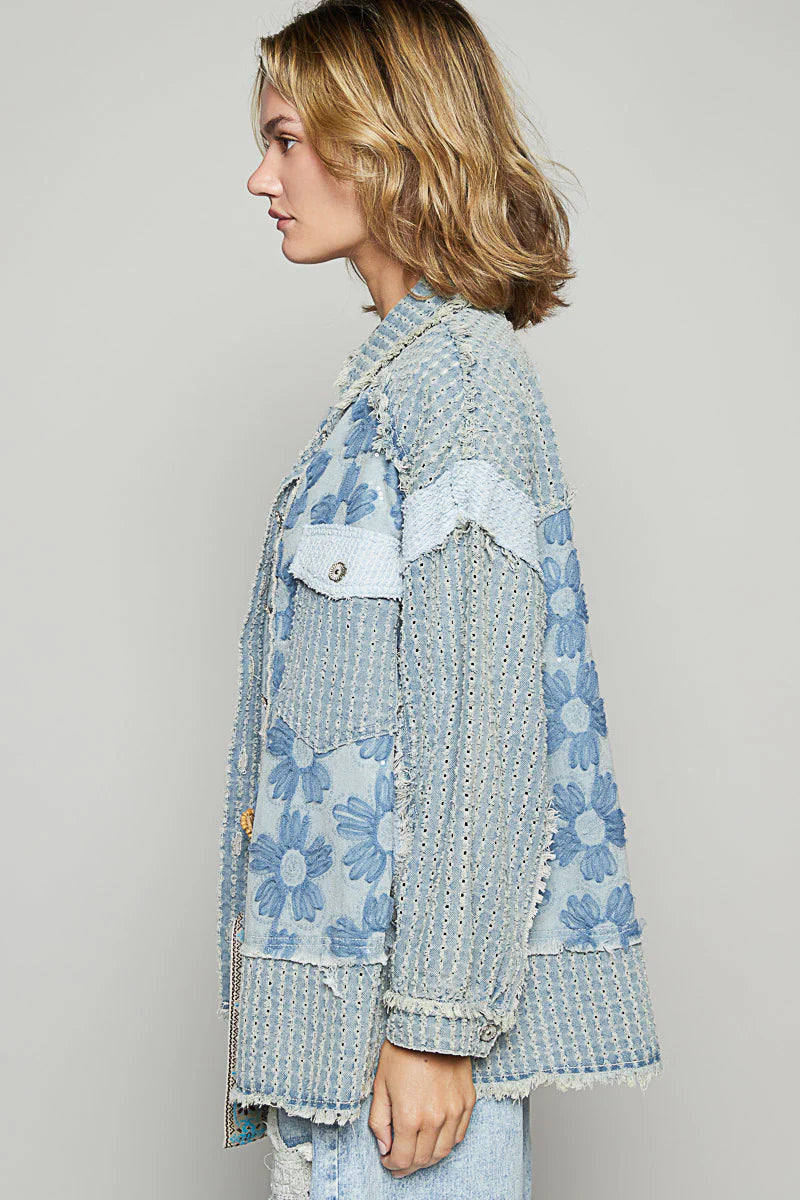 POL Blue Glitter Flower Denim Shacket