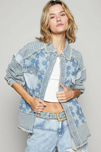 POL Blue Glitter Flower Denim Shacket