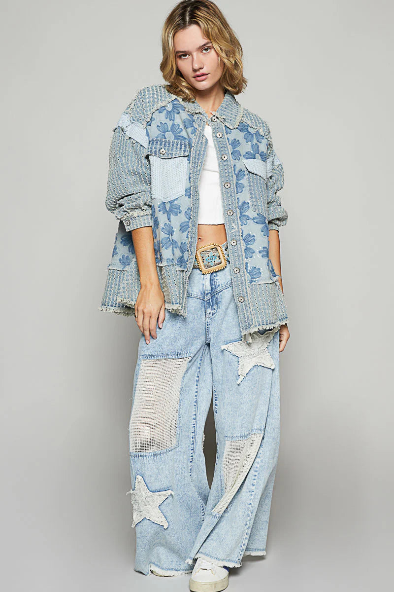 POL Blue Glitter Flower Denim Shacket