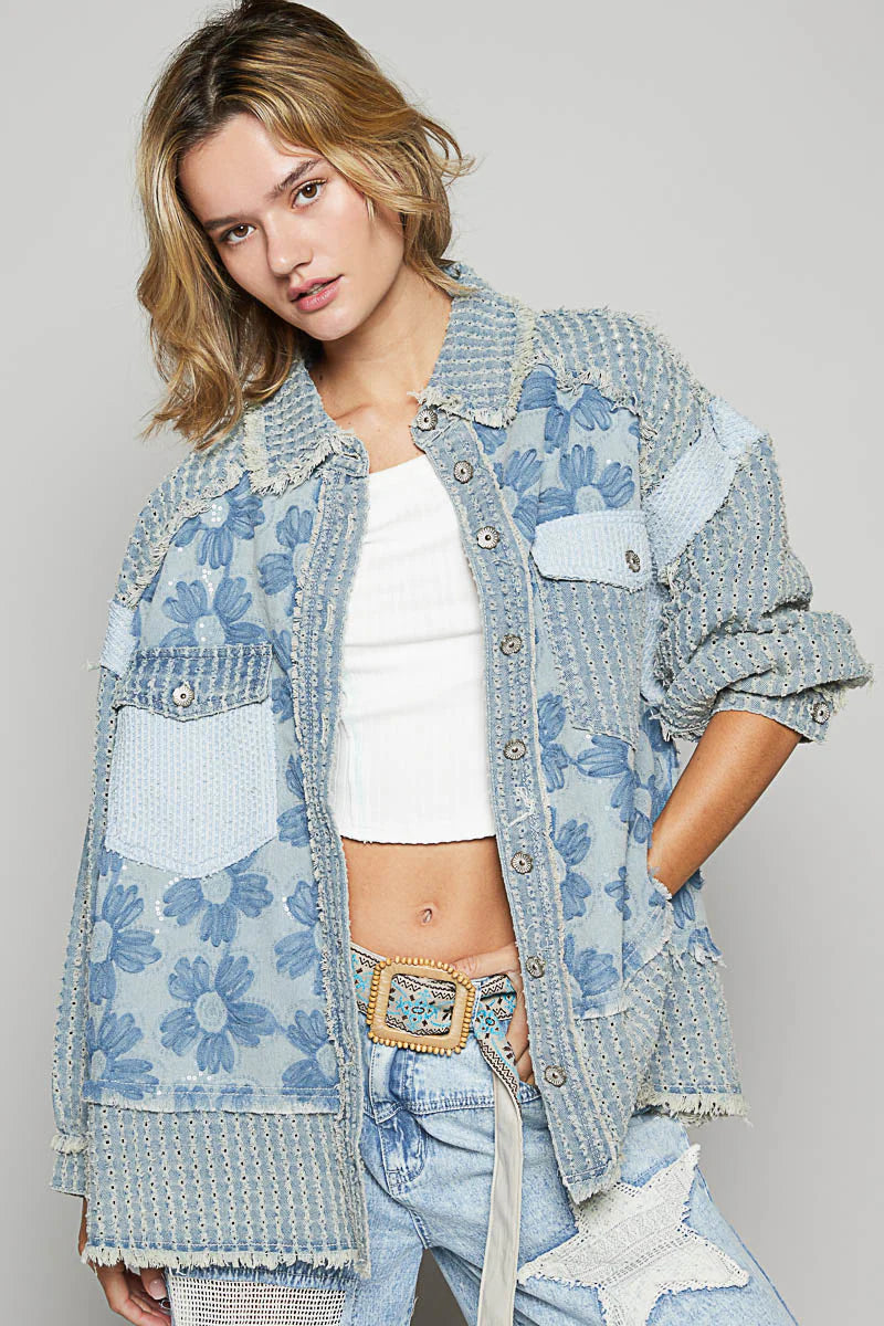 POL Blue Glitter Flower Denim Shacket