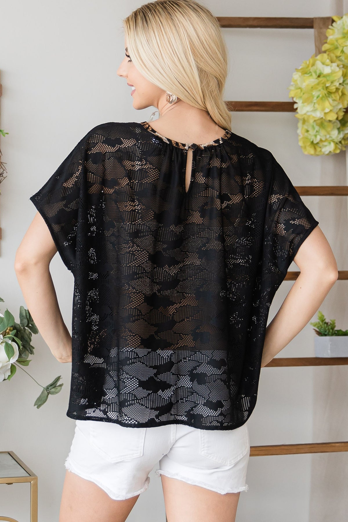 Black Mesh Leopard Trim Top