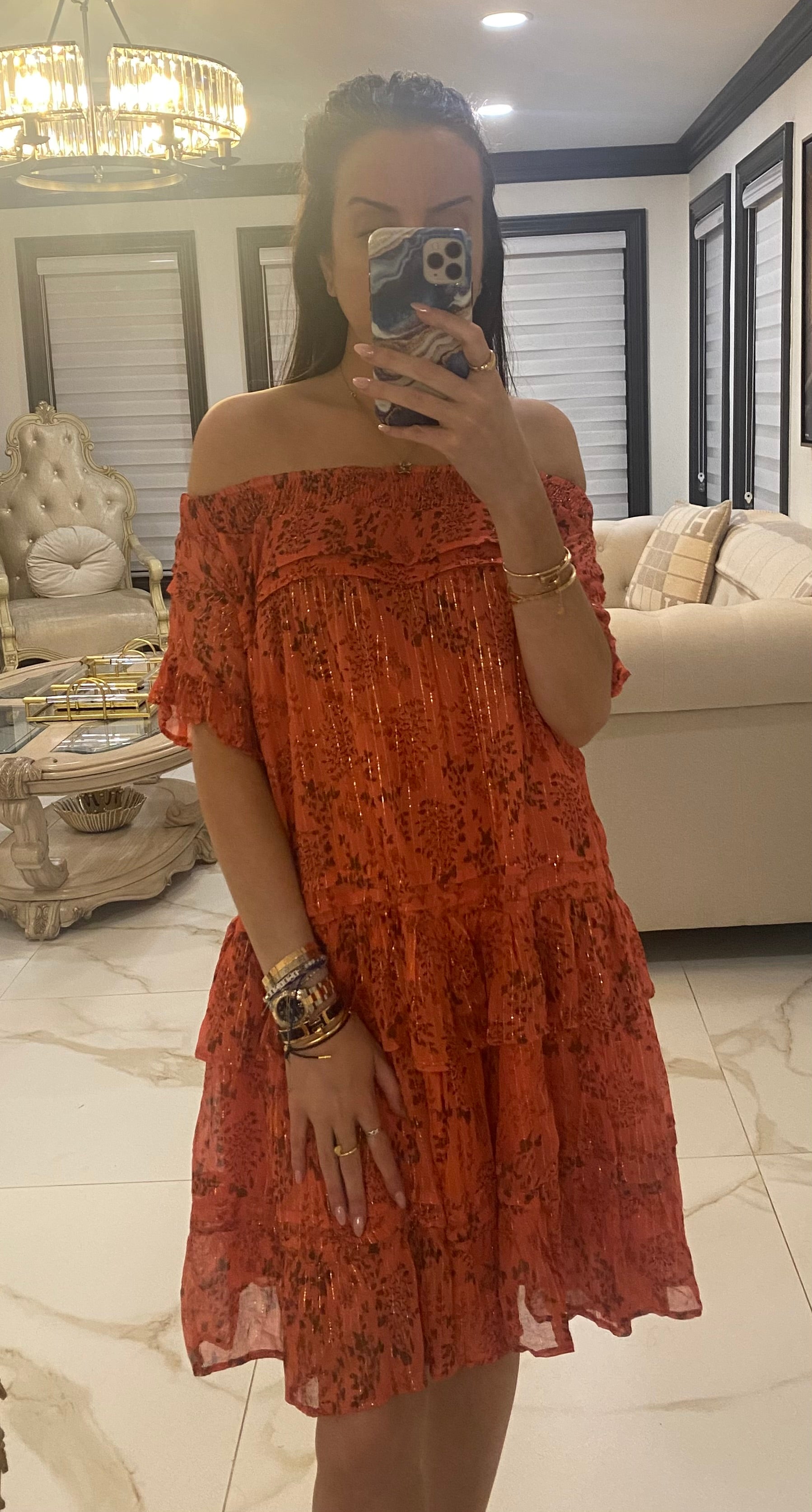 Pink floral off the shoulder dress