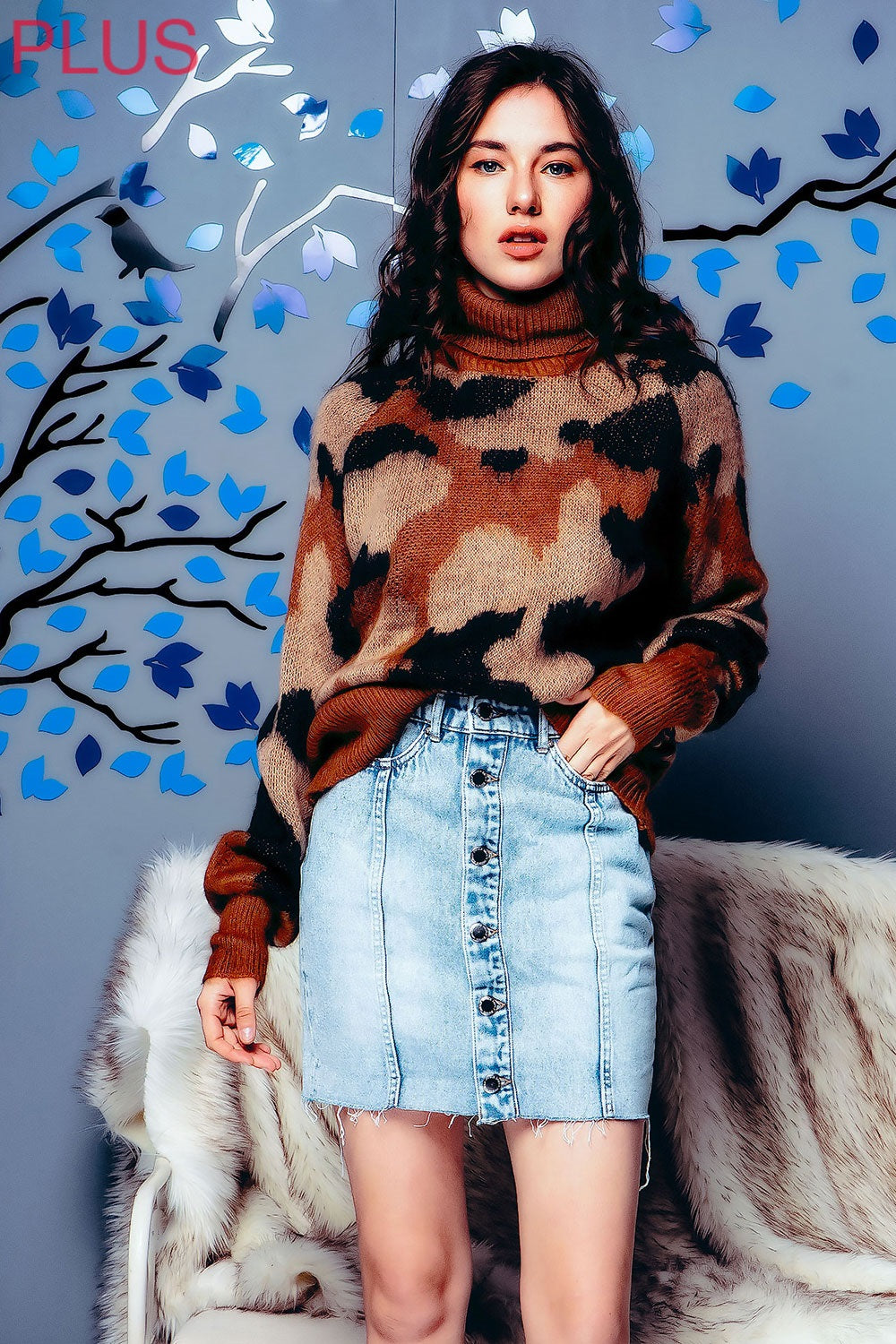 Brown Fuzzy Camo Turtleneck Sweater