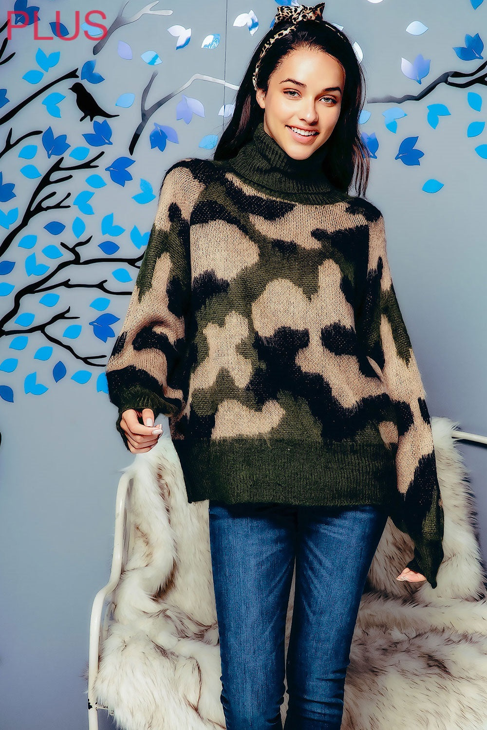 Green Fuzzy Camo Turtleneck Sweater