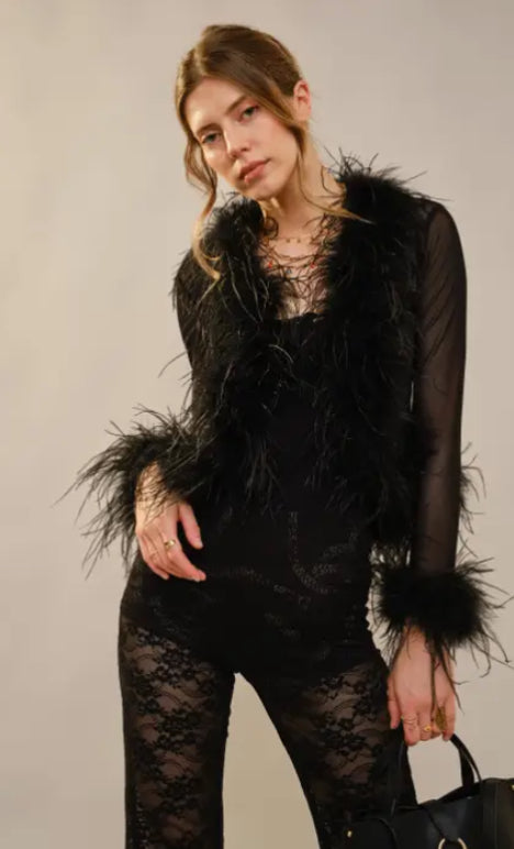Black Feather Trim Mesh Top