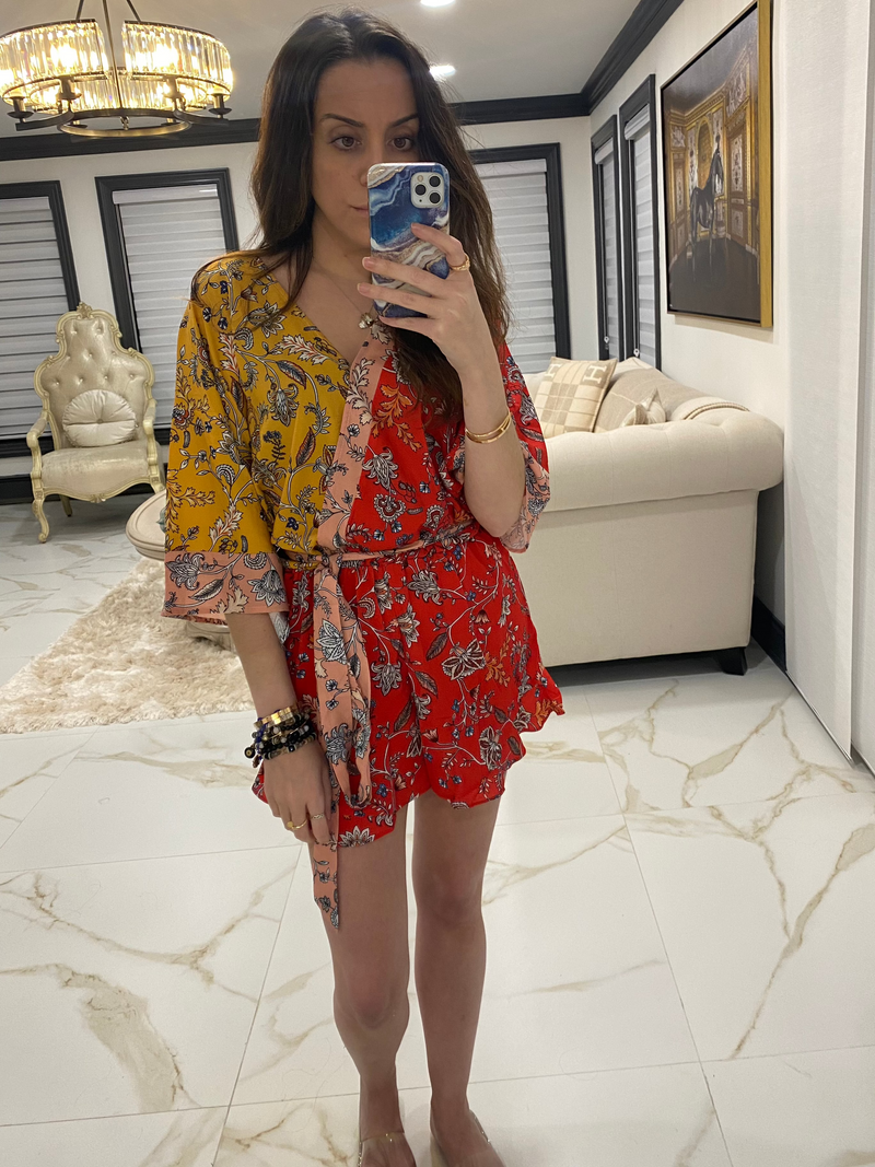 red and yellow colorblock romper