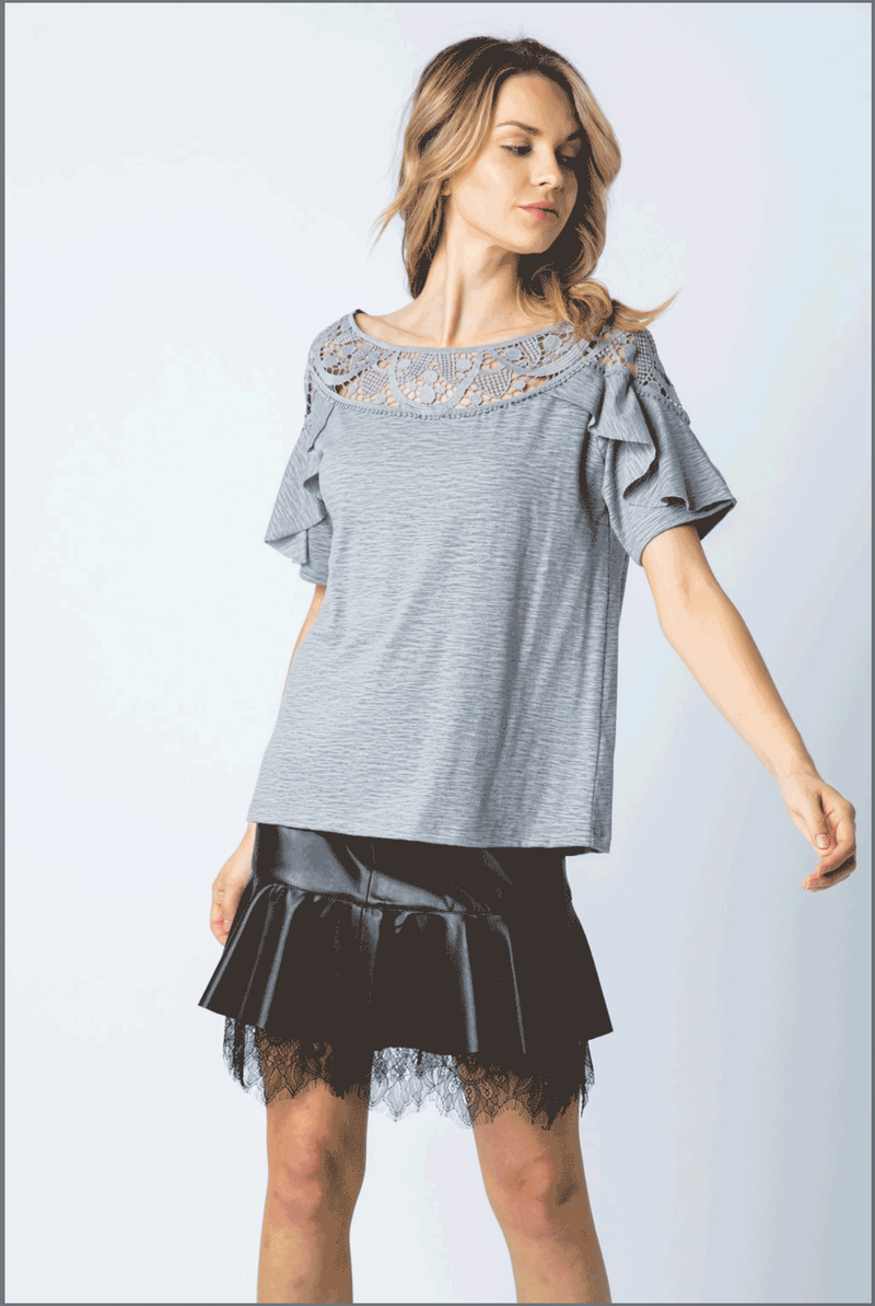 Grey Crochet Trim T Shirt