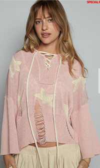 POL Distressed Star Sweater Pink