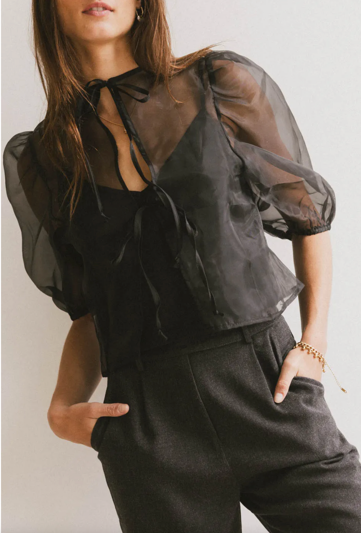 Black Sheer Puff Sleeve