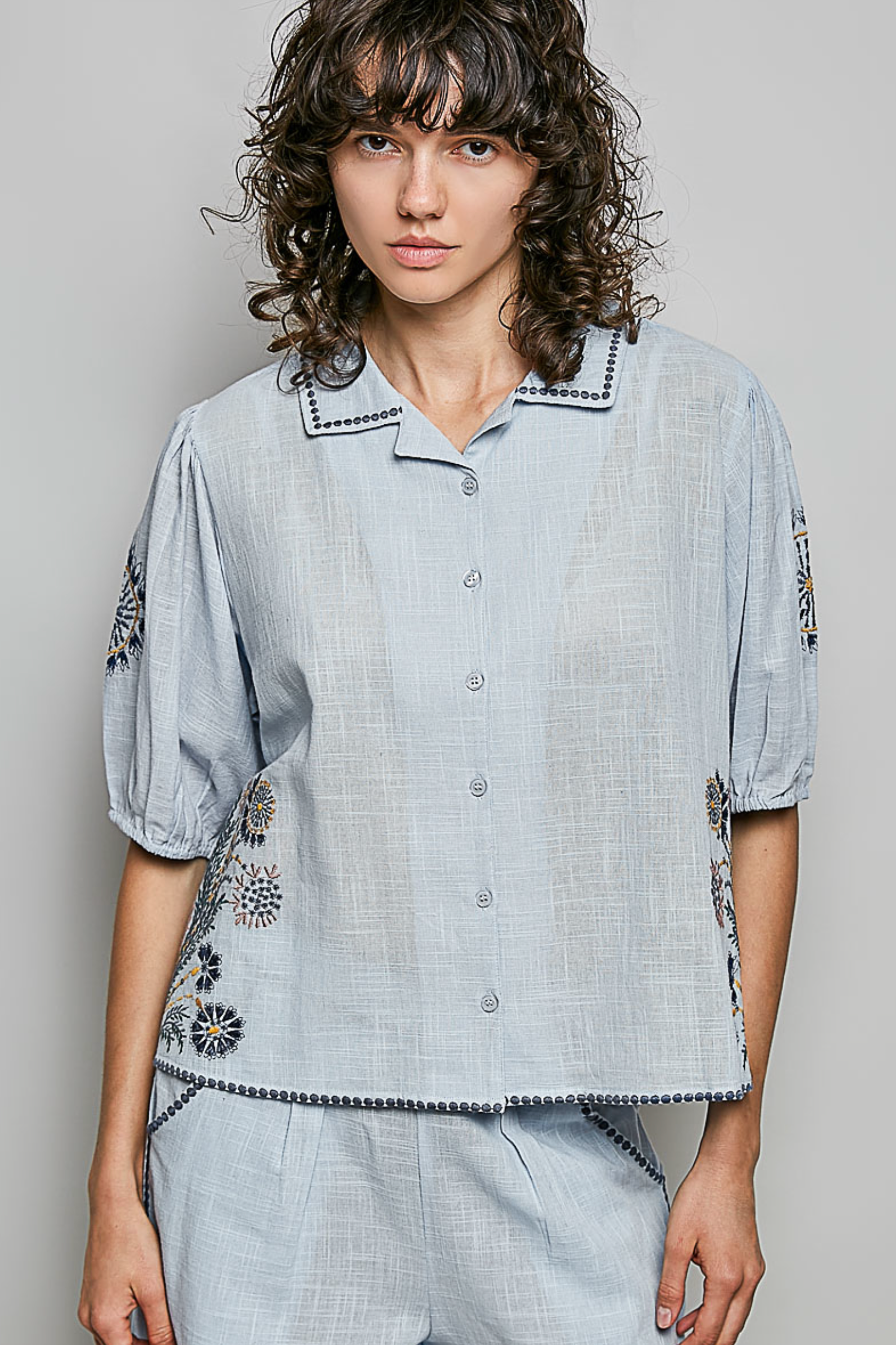Sky Blue Embroidered Floral Button Up