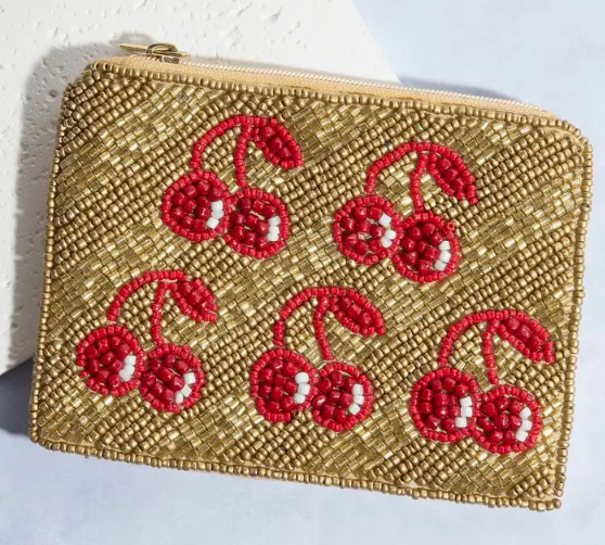 Gold Cherry Beaded Coin Purse