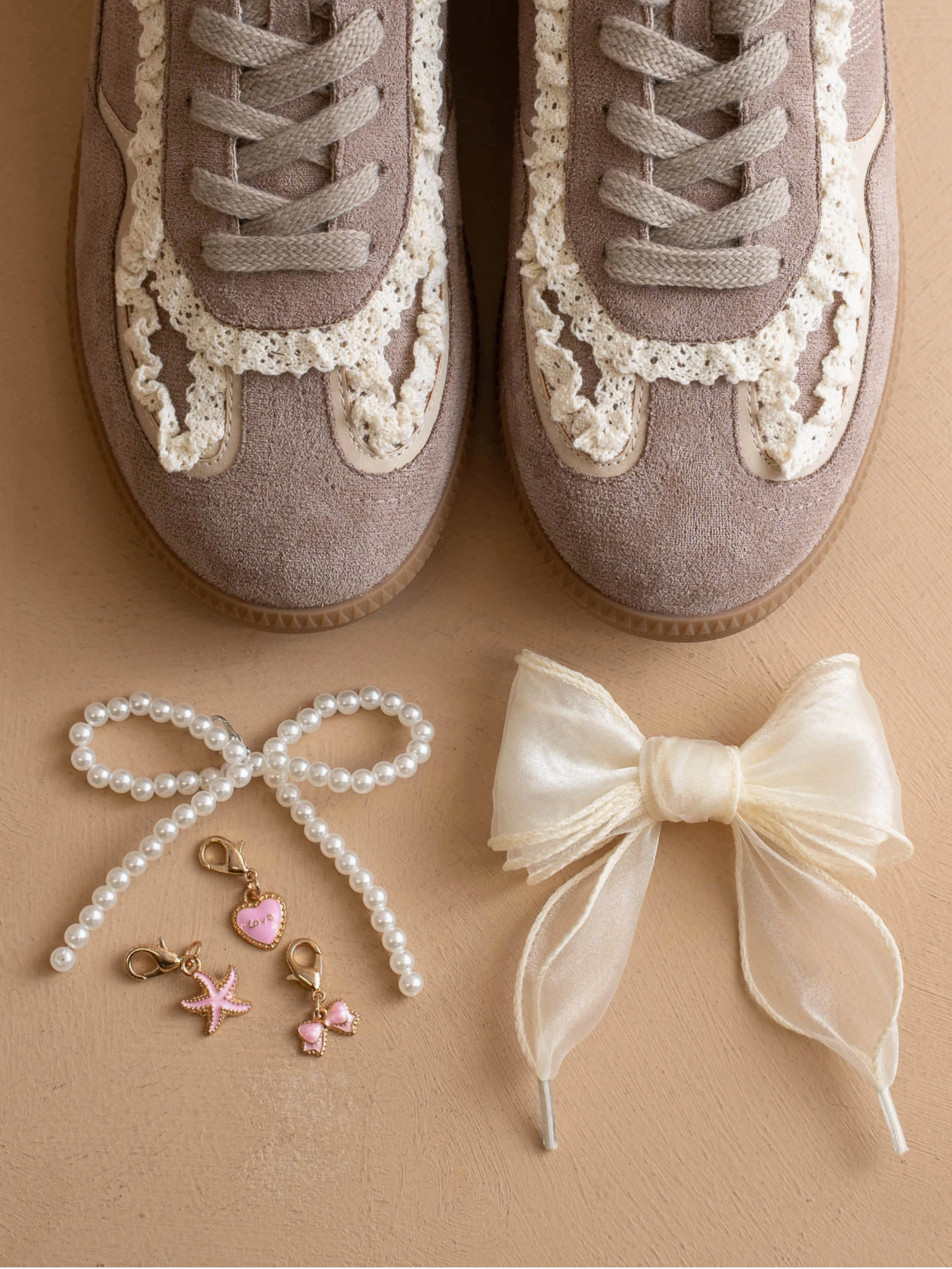 Dark Gray Lace Trimmed Sneakers with Charms