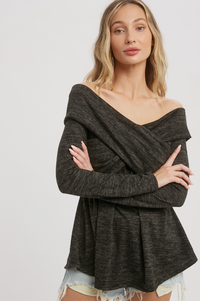 Charcoal Knit Crossover Off the Shoulder Top