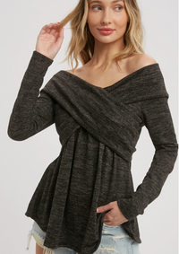 Charcoal Knit Crossover Off the Shoulder Top
