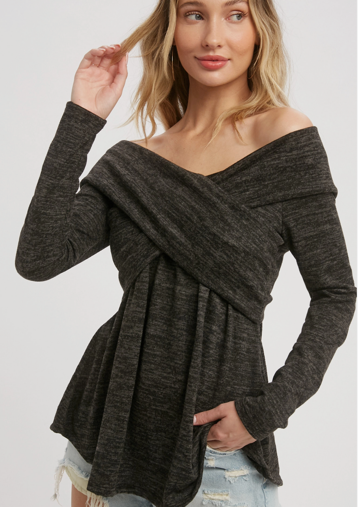 Charcoal Knit Crossover Off the Shoulder Top