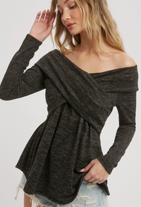 Charcoal Knit Crossover Off the Shoulder Top