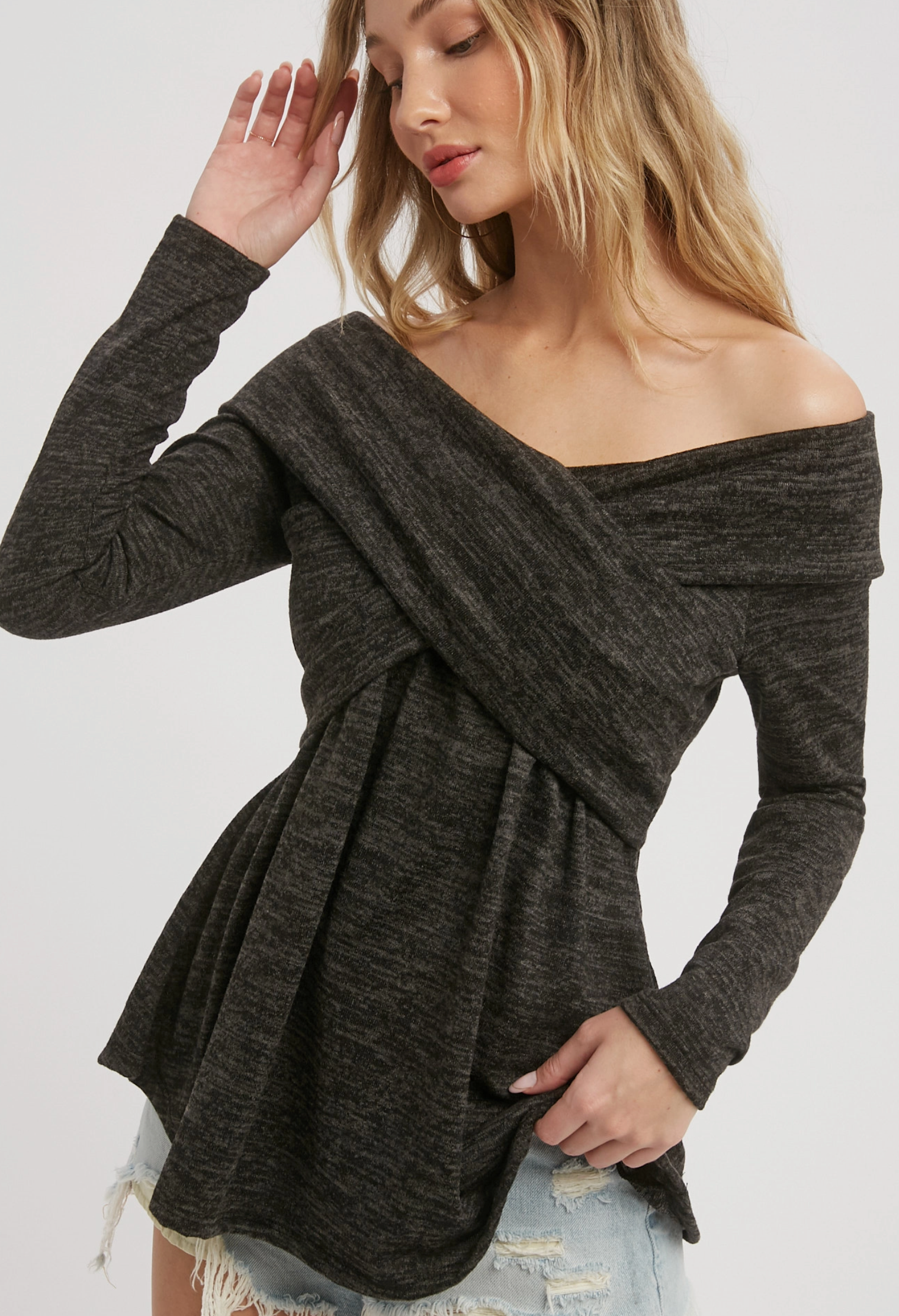 Charcoal Knit Crossover Off the Shoulder Top