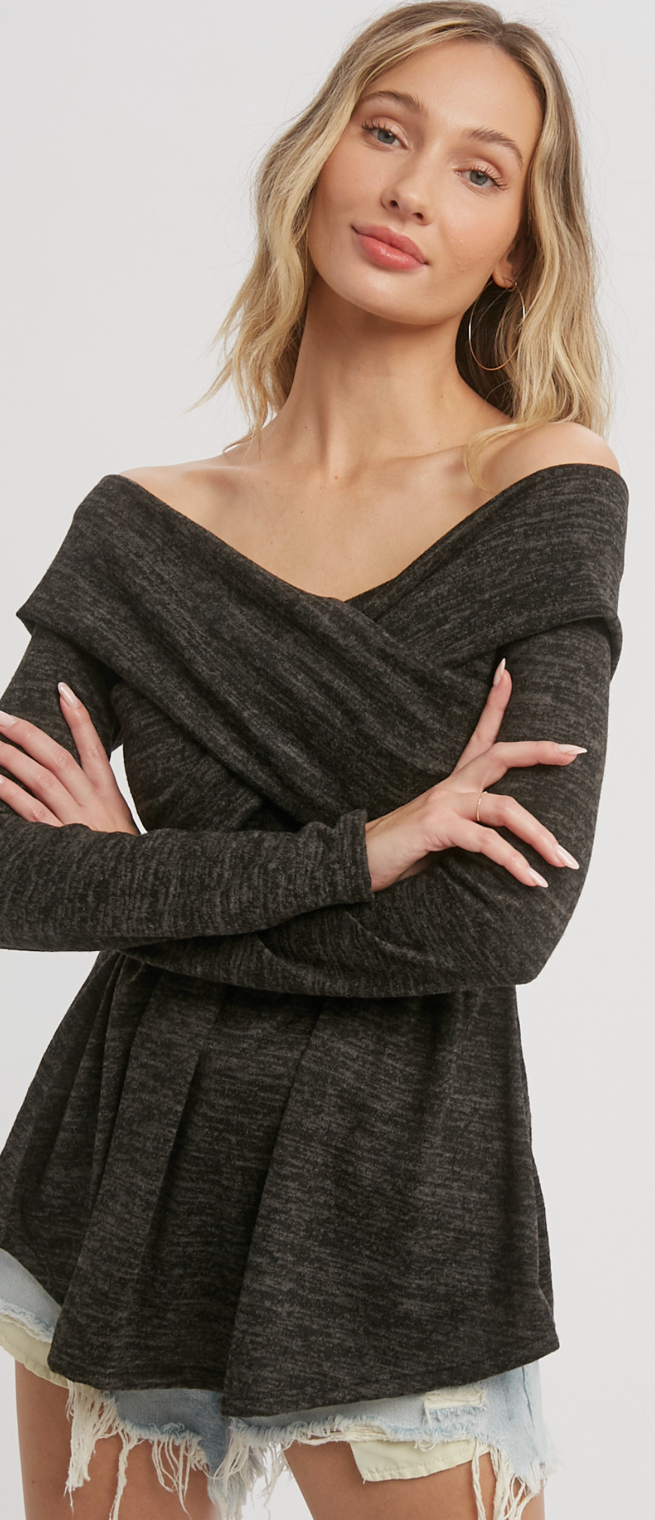 Charcoal Knit Crossover Off the Shoulder Top