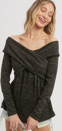 Charcoal Knit Crossover Off the Shoulder Top