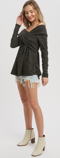 Charcoal Knit Crossover Off the Shoulder Top