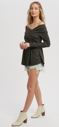 Charcoal Knit Crossover Off the Shoulder Top