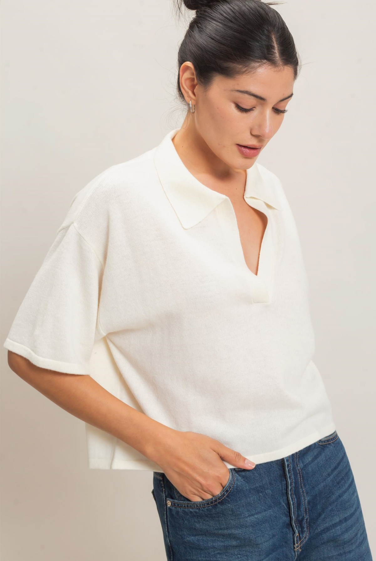 Ivory Collared V-Neck Sweater