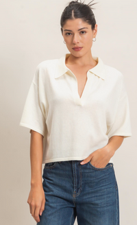 Ivory Collared V-Neck Sweater