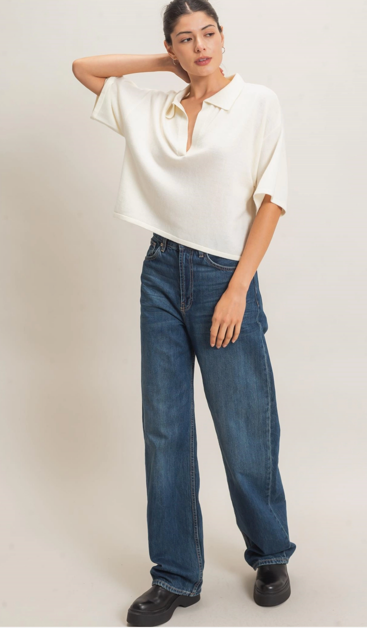 Ivory Collared V-Neck Sweater