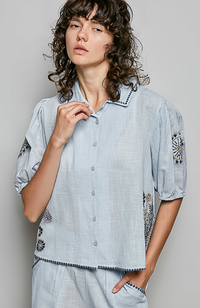Sky Blue Embroidered Floral Button Up