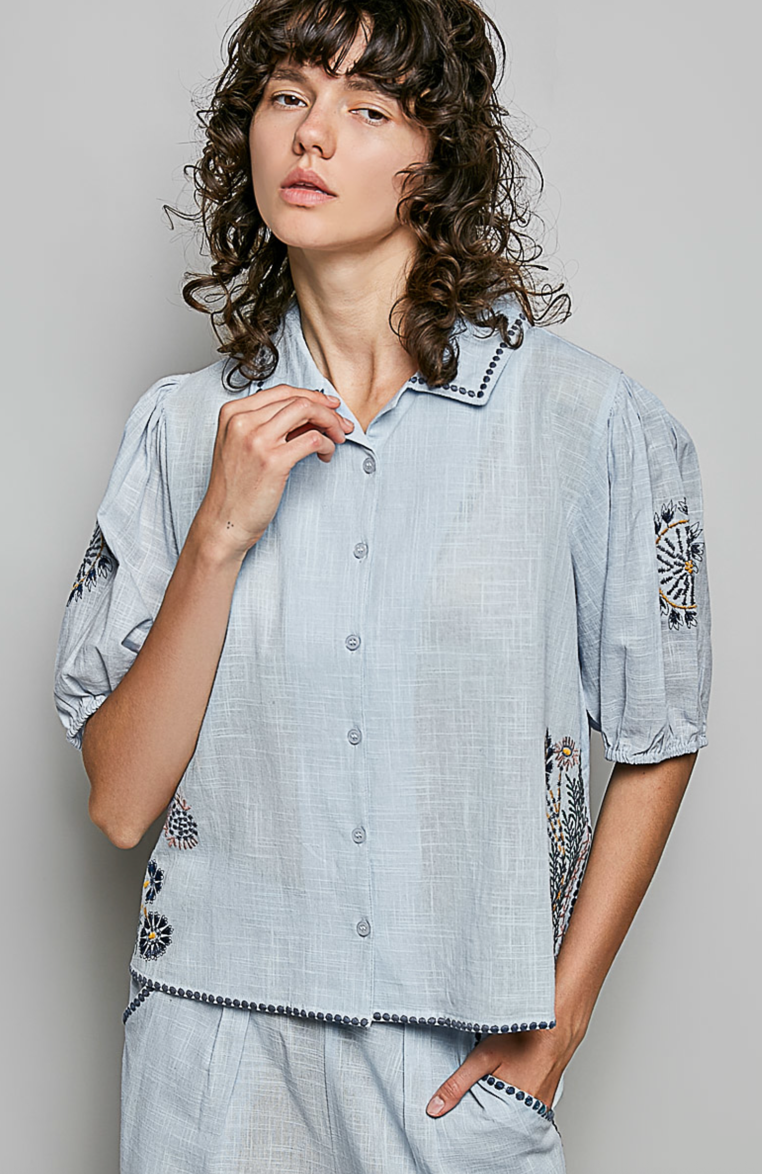Sky Blue Embroidered Floral Button Up