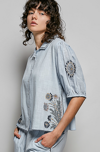 Sky Blue Embroidered Floral Button Up