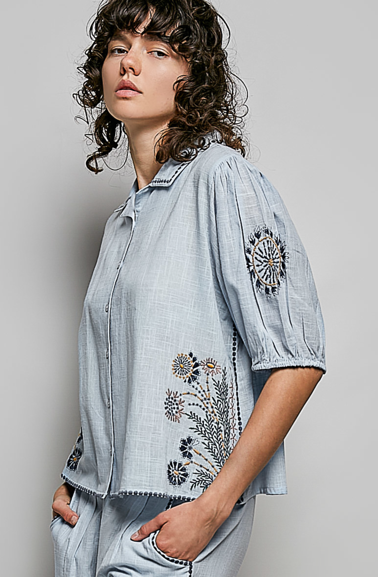 Sky Blue Embroidered Floral Button Up