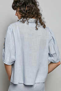 Sky Blue Embroidered Floral Button Up