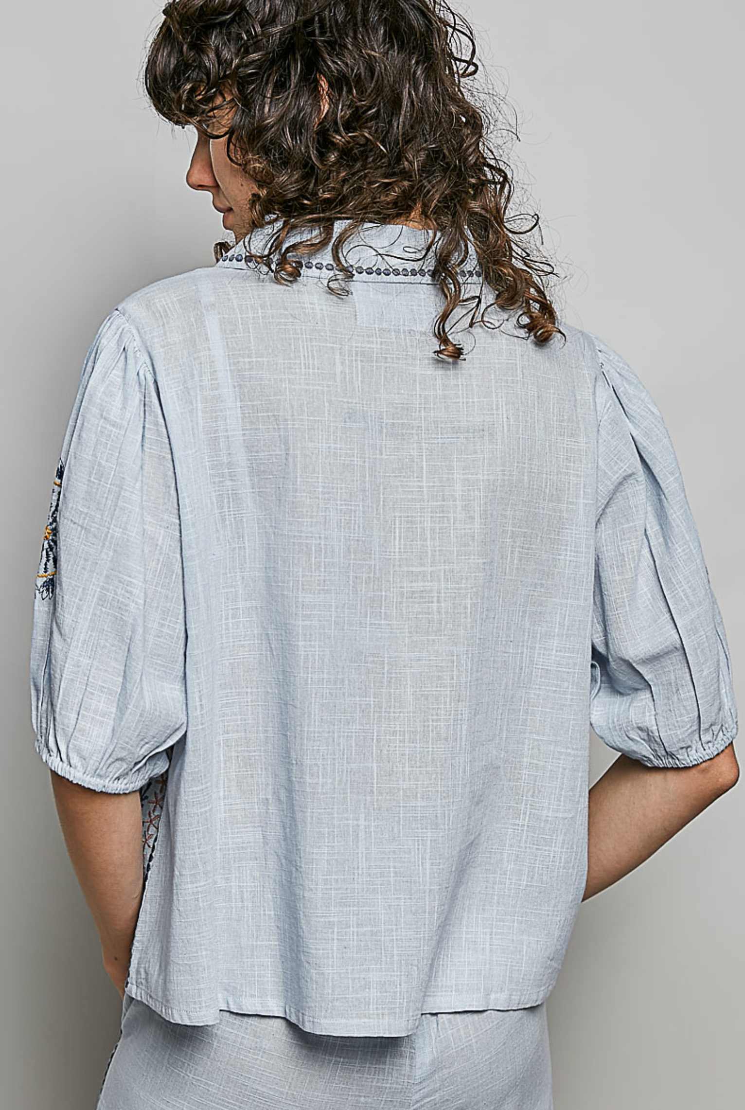 Sky Blue Embroidered Floral Button Up