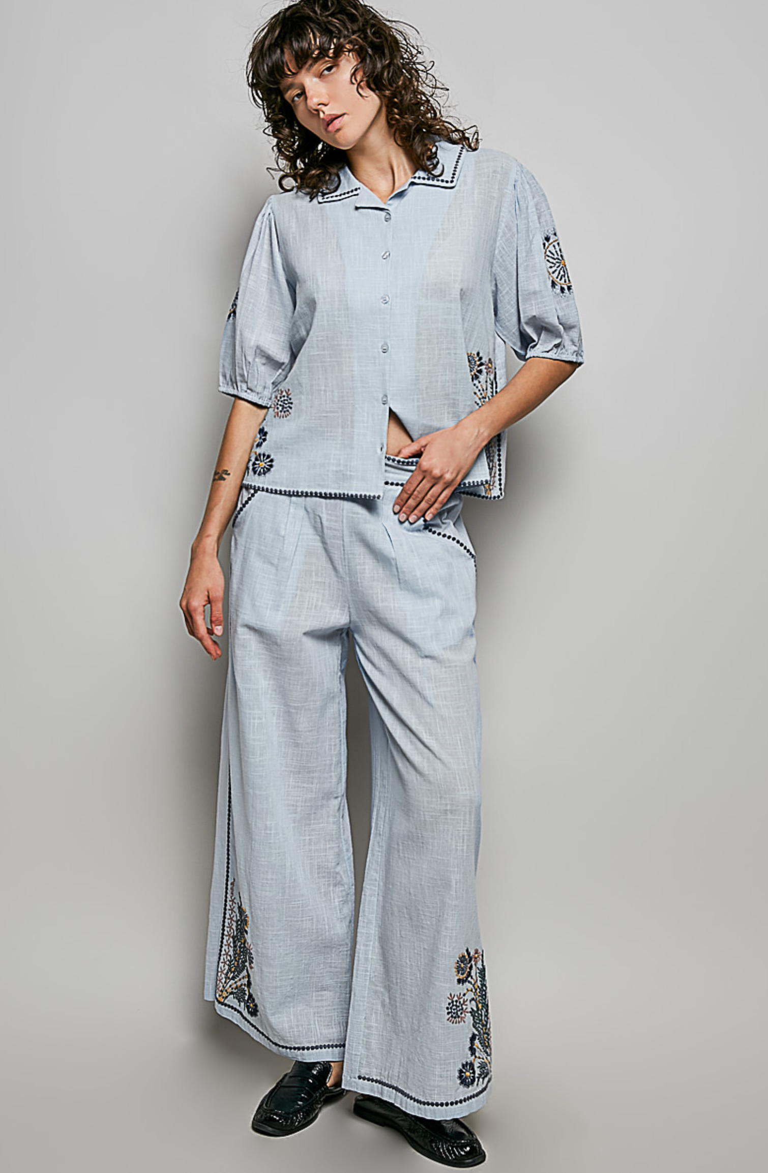 Sky Blue Embroidered Floral Button Up