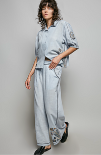 Sky Blue Embroidered Floral Button Up
