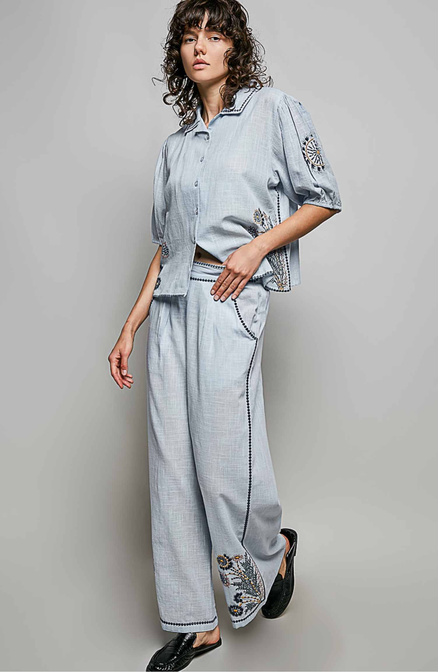 Sky Blue Embroidered Floral Button Up