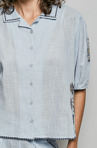 Sky Blue Embroidered Floral Button Up