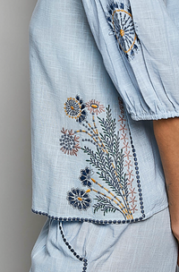 Sky Blue Embroidered Floral Button Up