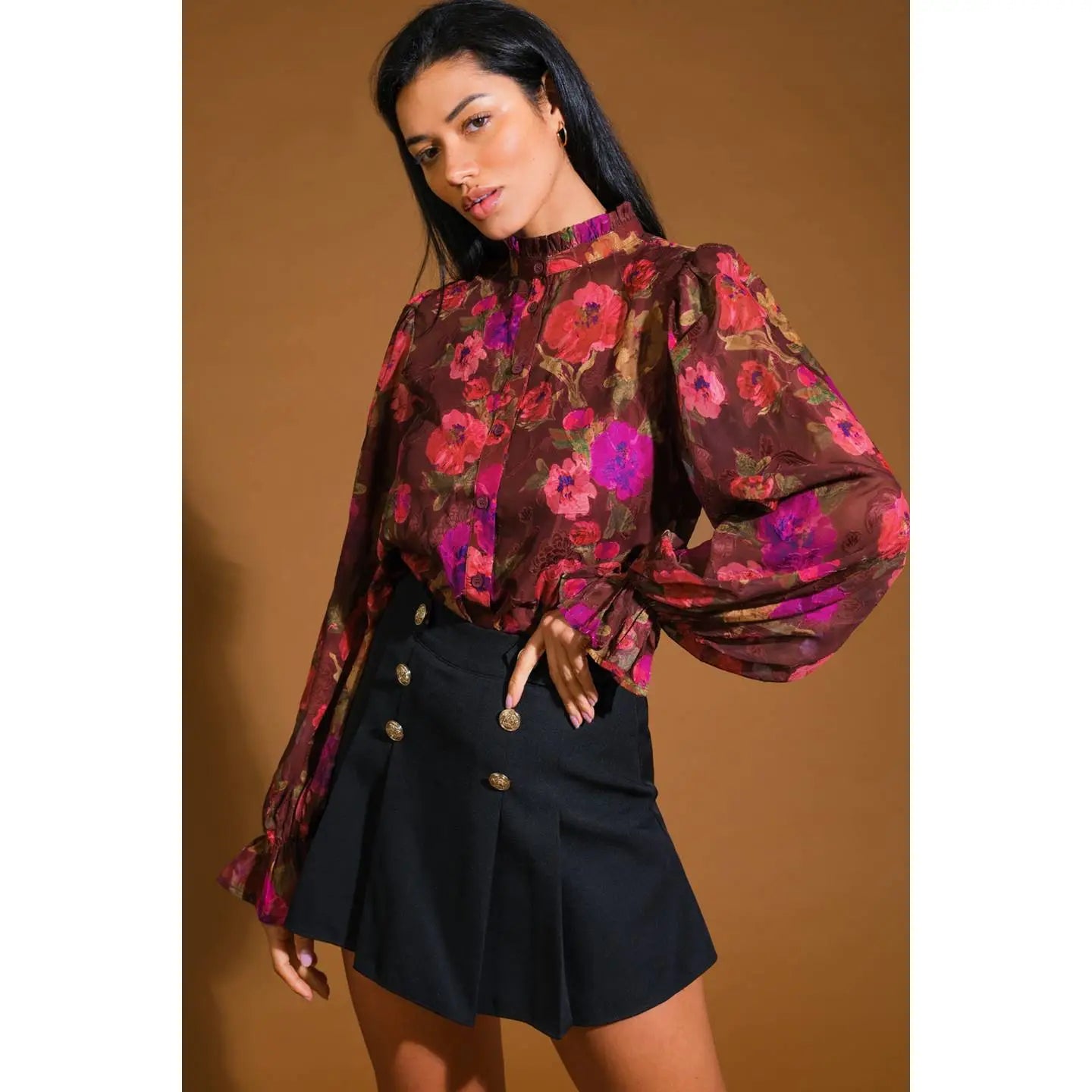 Burgundy Floral Long Sleeve High Neck