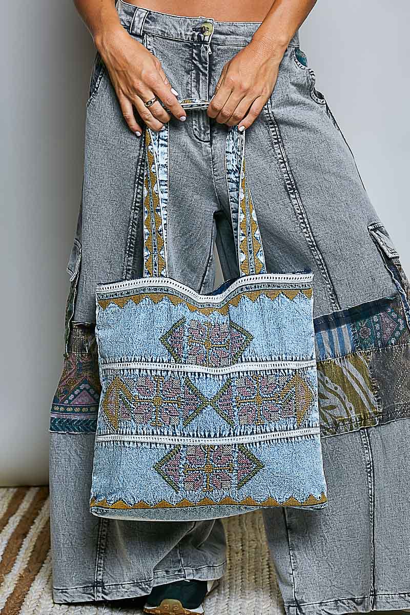 POL Embroidered Denim Tote Bag
