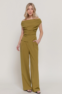 Olive Off the Shoulder Top & Trouser Set