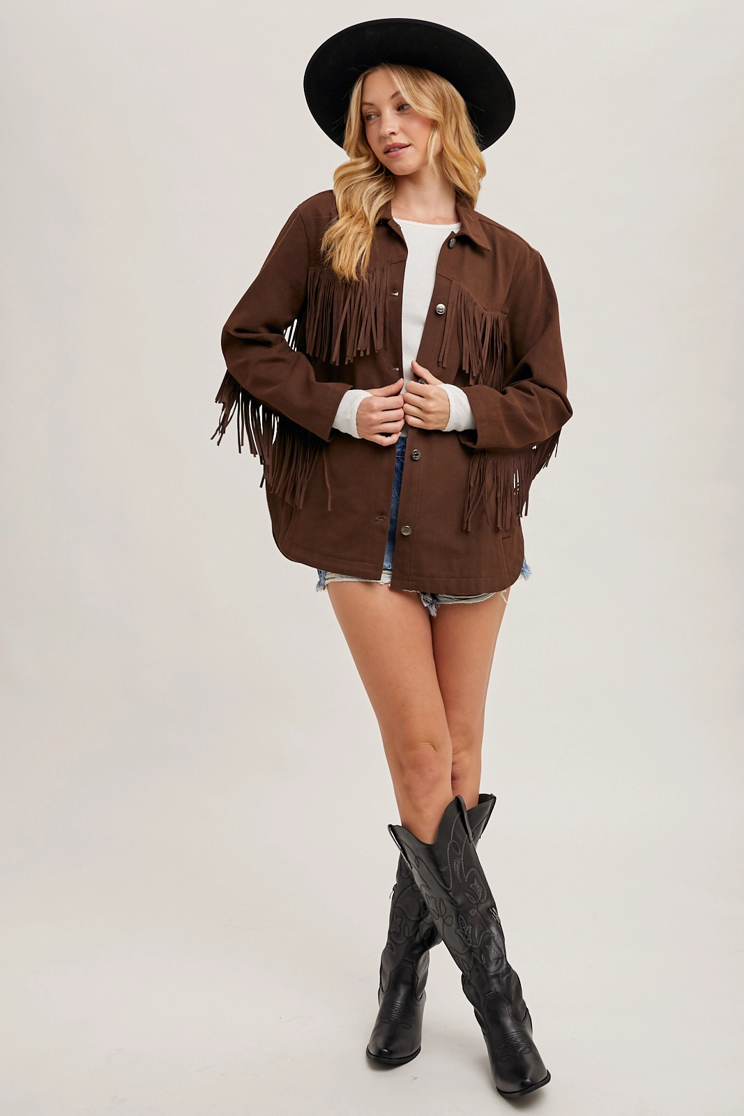 Brown denim Fringe Button Down Jacket