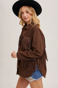 Brown denim Fringe Button Down Jacket